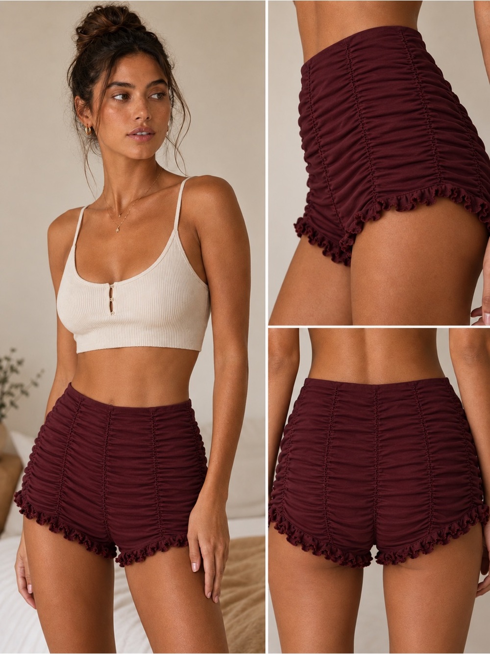 Free People ~ Ruched Burgundy Women’s High-Waist Ruffle Briefs